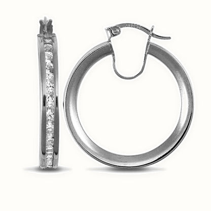9ct white gold channel set cubic zirconia creole Hoop Earrings