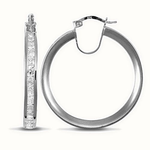 9ct white gold channel set cubic zirconia creole Hoop Earrings