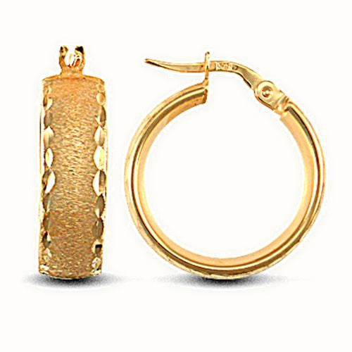 9ct yellow gold frosted and Diamond Cut court profile Hoop Earrings