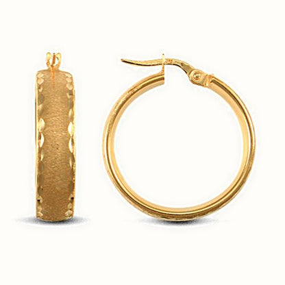 9ct yellow gold frosted and Diamond Cut court profile Hoop Earrings