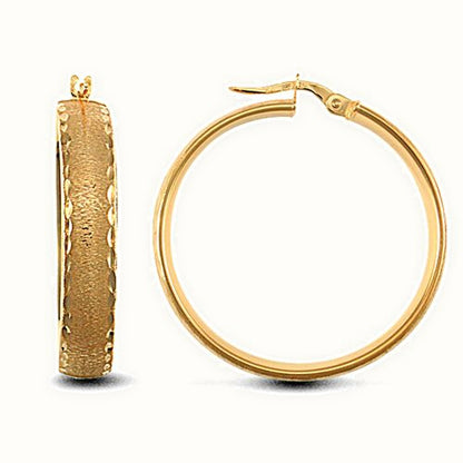 9ct yellow gold frosted and Diamond Cut court profile Hoop Earrings