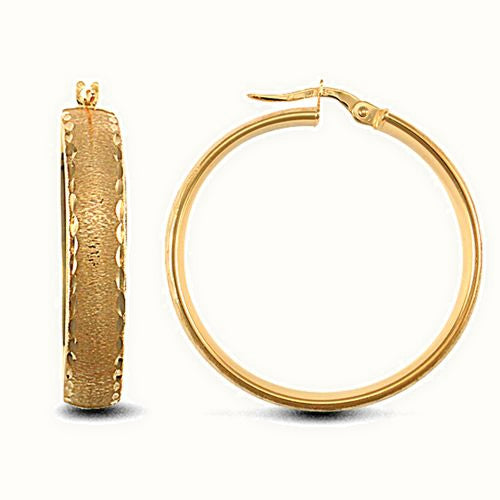9ct yellow gold frosted and Diamond Cut court profile Hoop Earrings