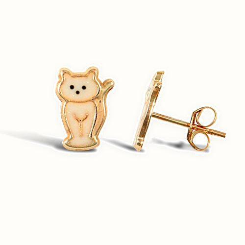 9ct yellow gold cat stud earrings with an enamelled design