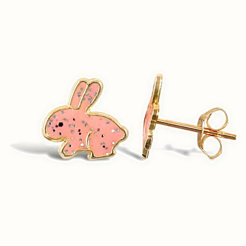 9ct yellow gold rabbit stud earrings with an enamelled design