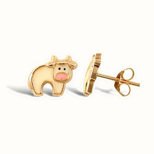 9ct yellow gold cow stud earrings with an enamelled design