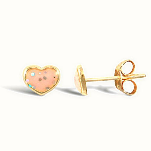 9ct yellow gold heart stud earrings with an enamelled design
