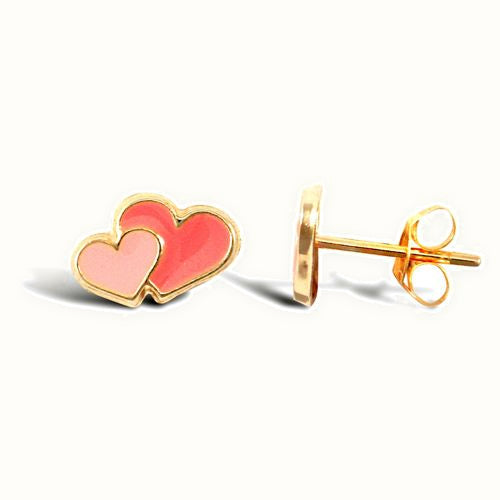 9ct yellow gold double heart stud earrings with an enamelled design