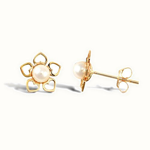 9ct yellow gold open heart shaped petal design flower stud earrings with inset pearl