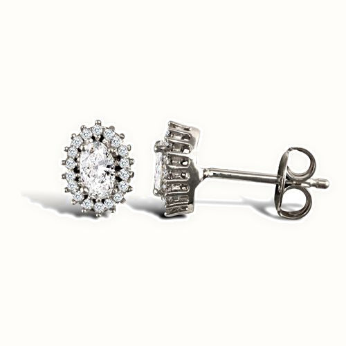 9ct white gold claw set oval cubic zirconia edged with surrounding claw set CZs Earrings
