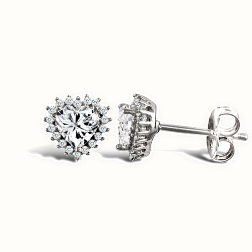 9ct white gold claw set heart shaped cubic zirconia edged with surrounding claw set CZs Earrings