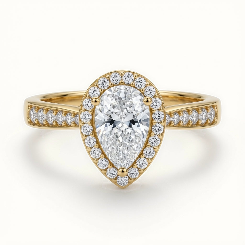 9ct Yellow Gold, 1.00ct Pear Shape Cubic Zirconia Wed-fit Halo Ring