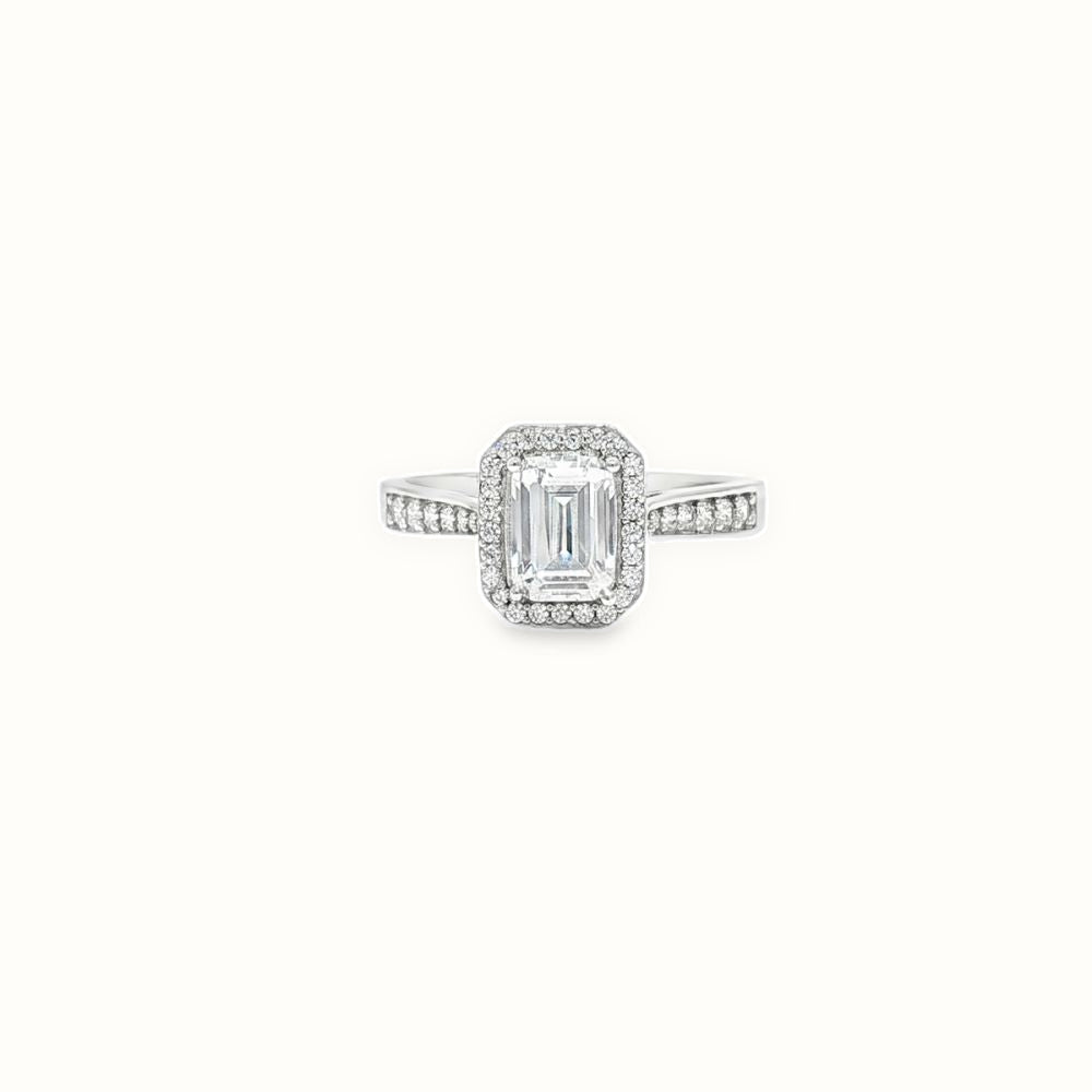 9ct White Gold, 1.00ct Emerald Cut Cubic Zirconia Wed-fit Halo Ring