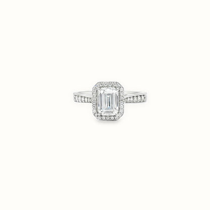 9ct White Gold, 1.00ct Emerald Cut Cubic Zirconia Wed-fit Halo Ring