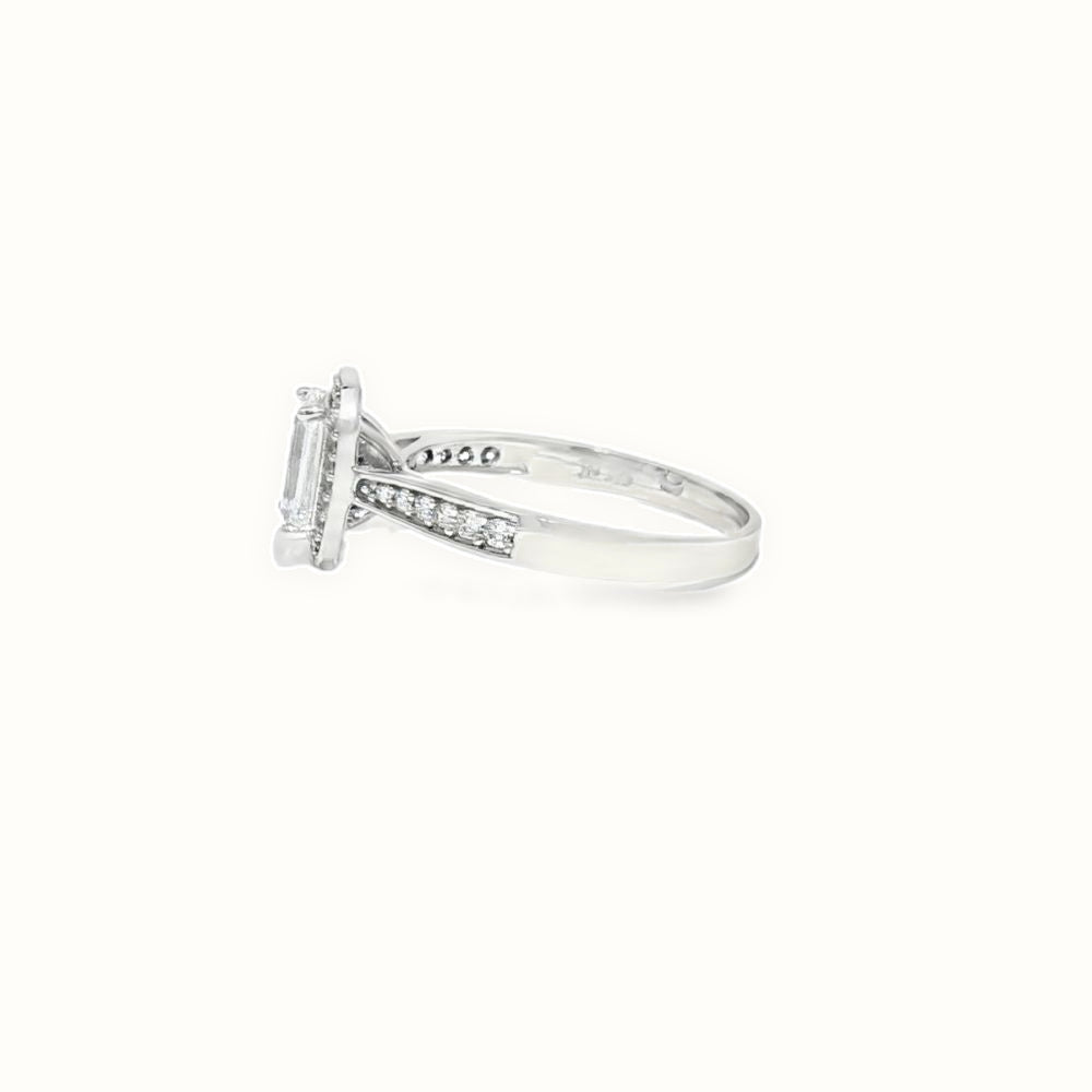9ct White Gold, 1.00ct Emerald Cut Cubic Zirconia Wed-fit Halo Ring