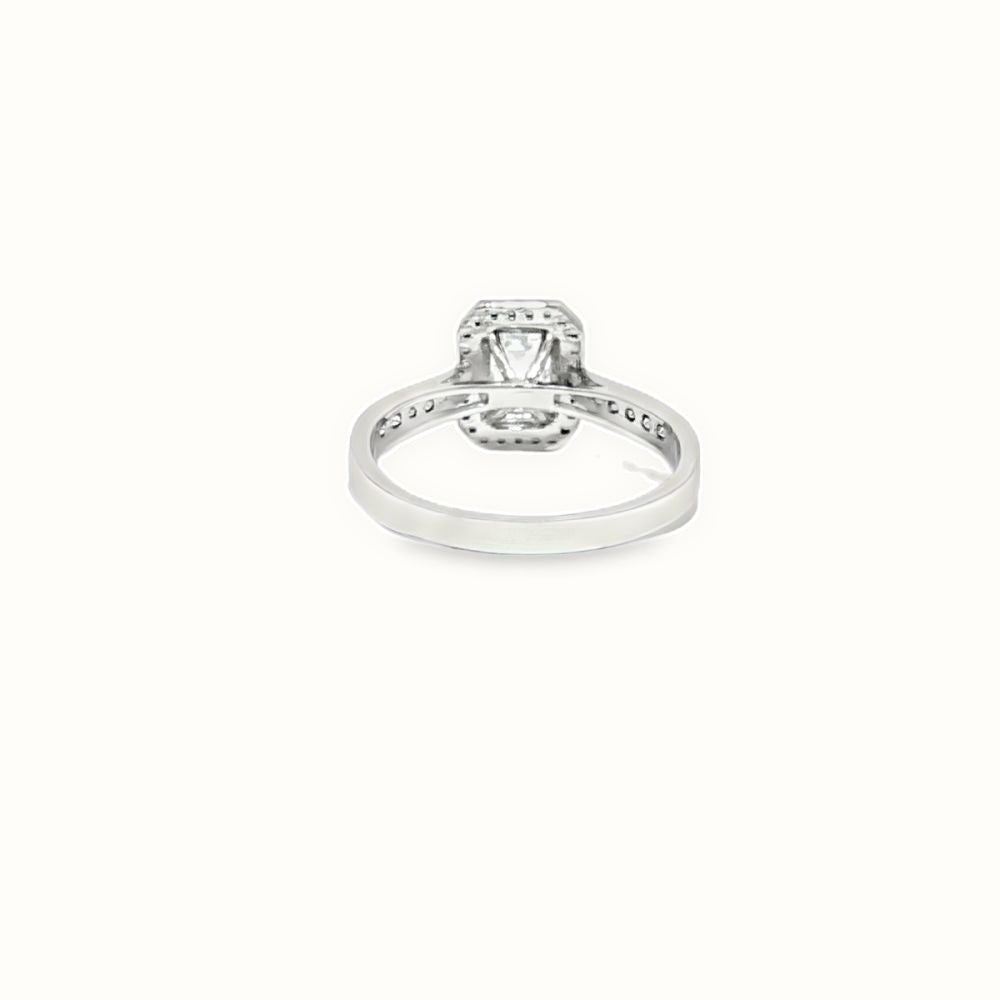 9ct White Gold, 1.00ct Emerald Cut Cubic Zirconia Wed-fit Halo Ring