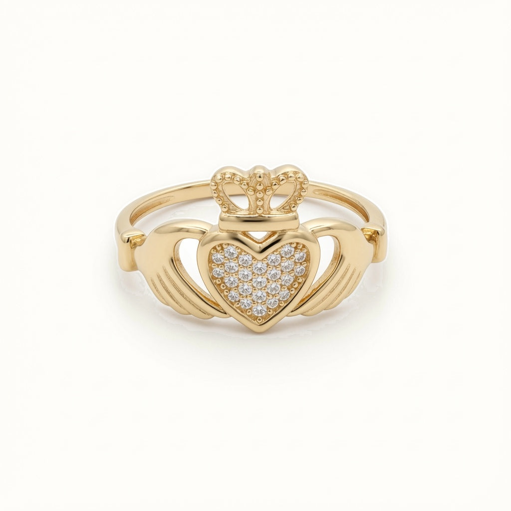 9ct Yellow Gold CZ Claddagh Heart Crown Ring