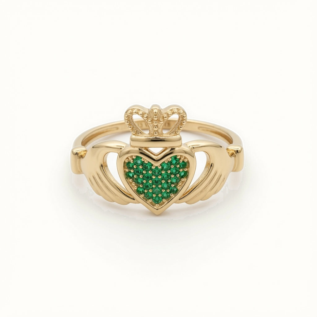9ct Yellow Gold Green CZ Claddagh Heart Crown Ring