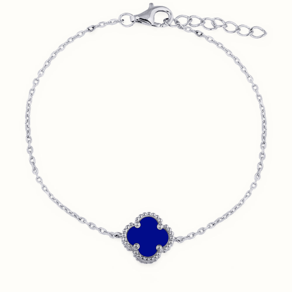 Sterling Silver Rhodium Plated Single Blue Agate Clover Bracelet – ABB233