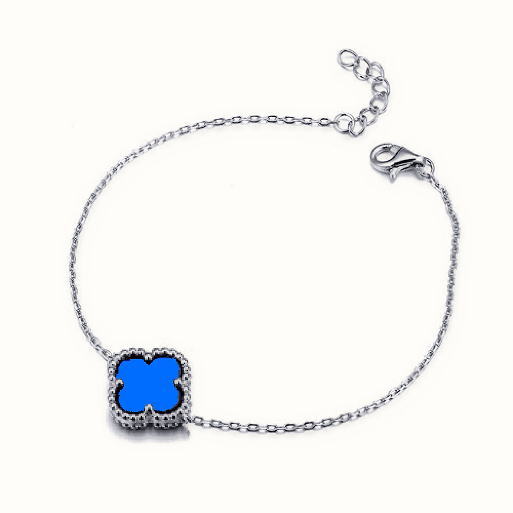 Sterling Silver Rhodium Single Clover Bracelet Blue Agate Colour – ABB239