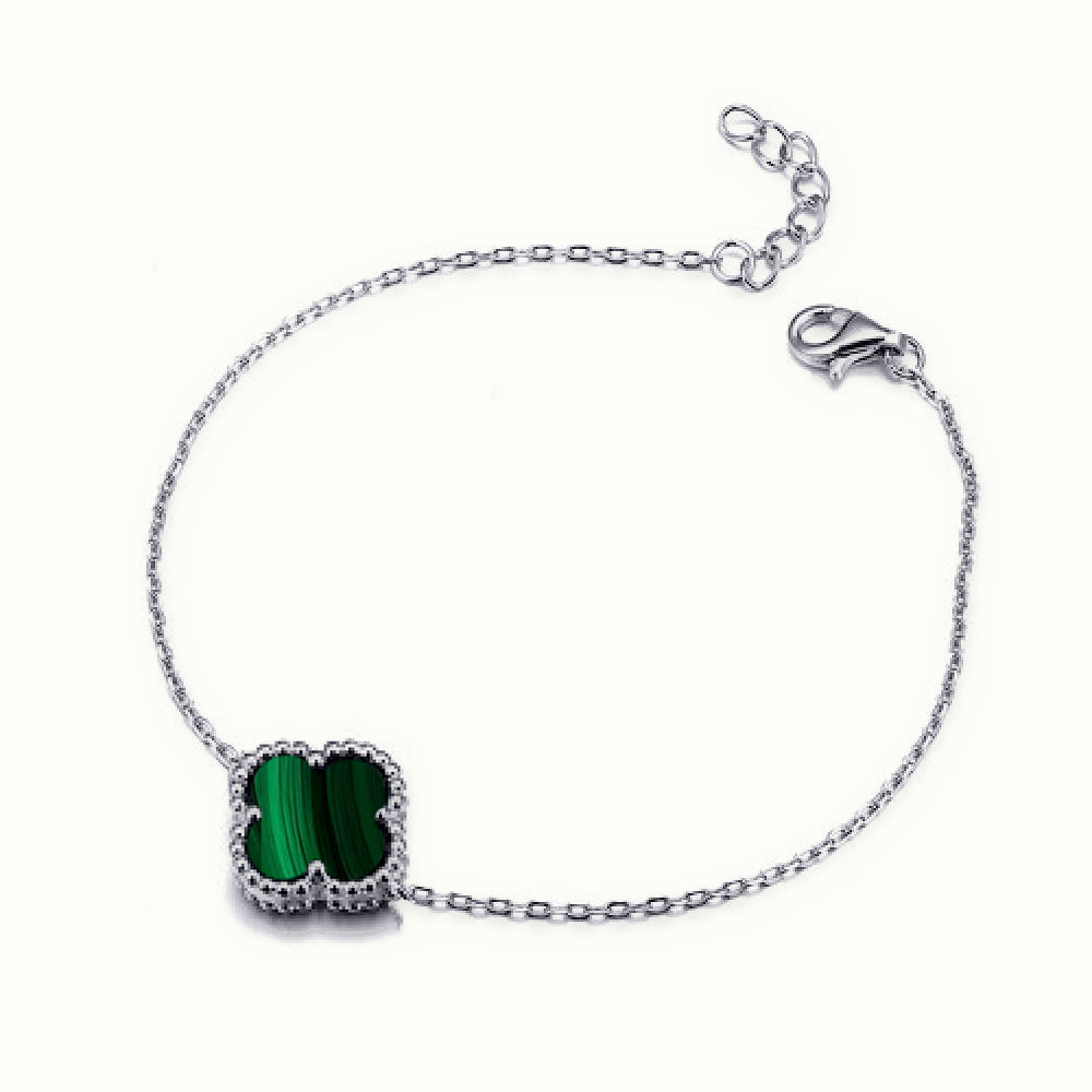 Sterling Silver Rhodium Single Clover Bracelet Malachite Green Colour – ABB240