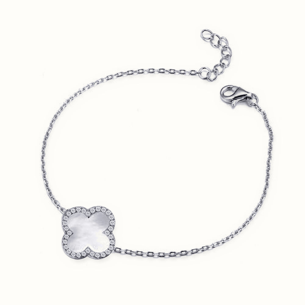 Sterling Silver Rhodium CZ Set Single Clover Bracelet MOP White Colour – ABB242