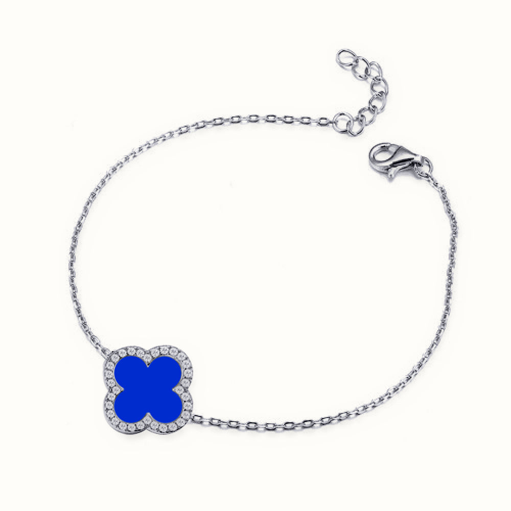 Sterling Silver Rhodium CZ Set Single Clover Bracelet Blue Agate Colour – ABB243