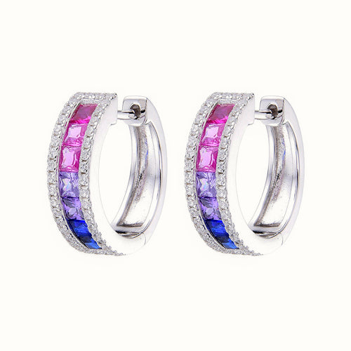 Sterling Silver Rhodium Plated Multi Col CZ Set Huggie Earrings – AER168