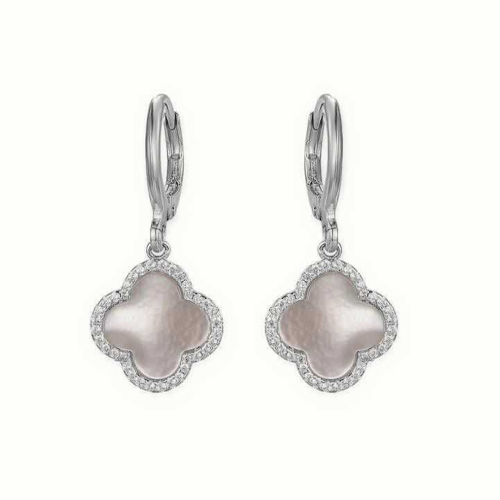 Sterling Silver CZ Mother of Pearl Clover Hoops – AER186