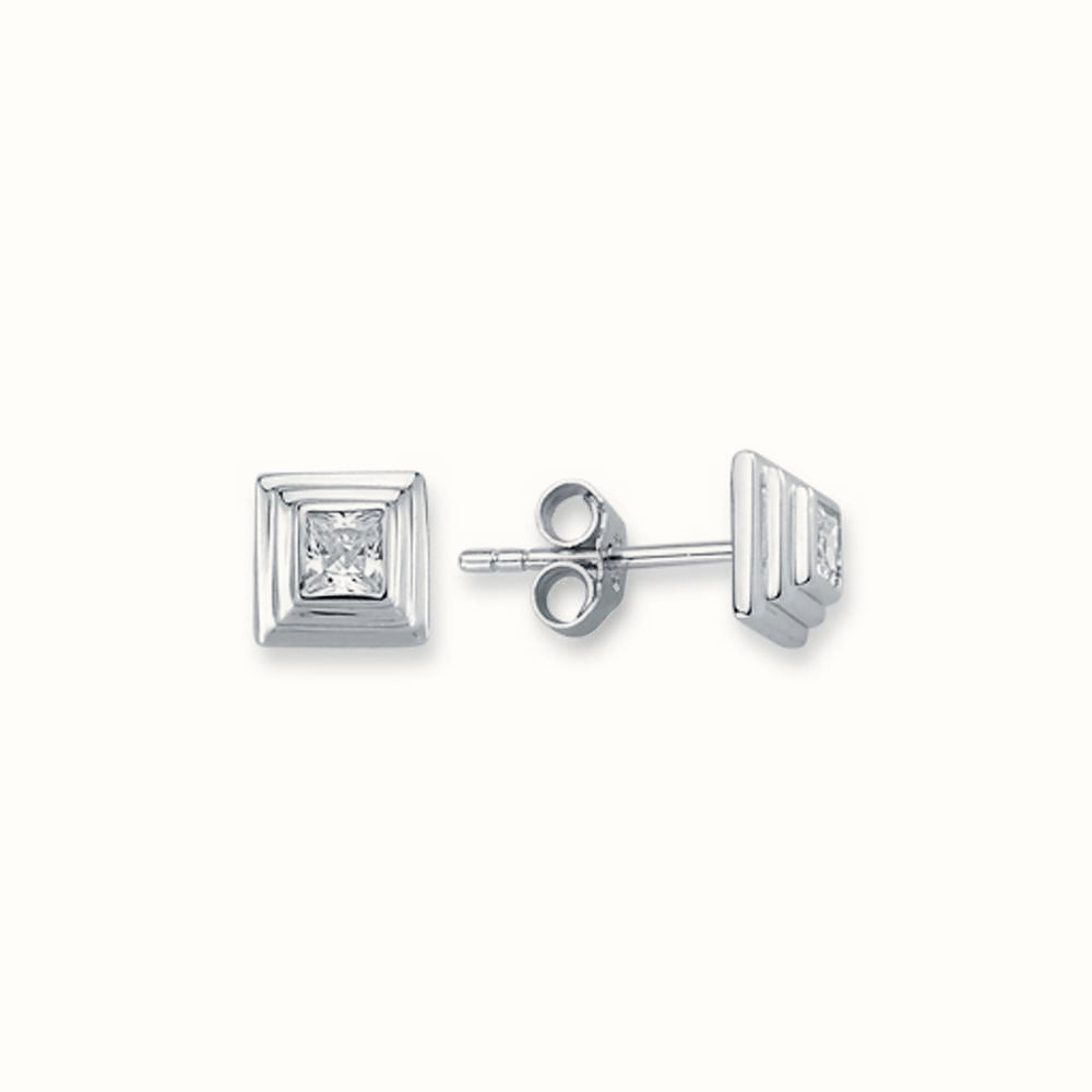 Sterling SilverTiered Wedding Cake Solitare 4mm Square CZ Set Stud Earrings – AES116A