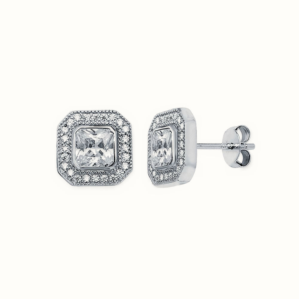 Sterling Silver Square CZ Set Halo Stud Earrings – AES118