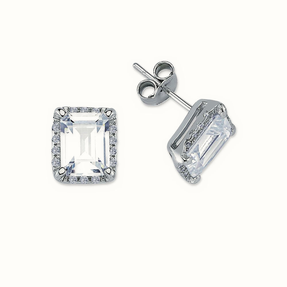 Sterling Silver CZ Set Emerald Cut Cluster Stud Earrings – AES136