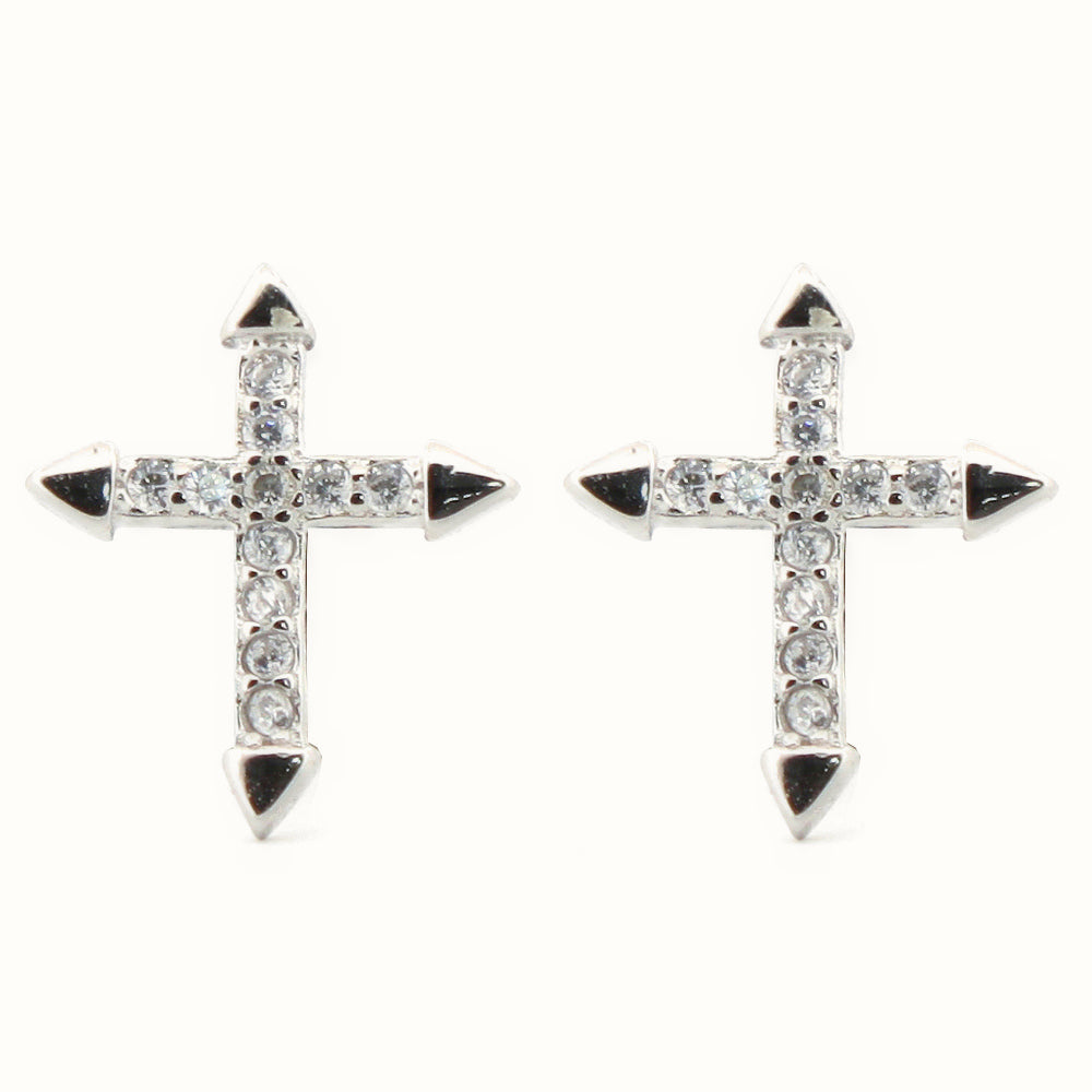 Sterling Silver Rhodium Plated CZ Set Cross Stud Earrings – AES181