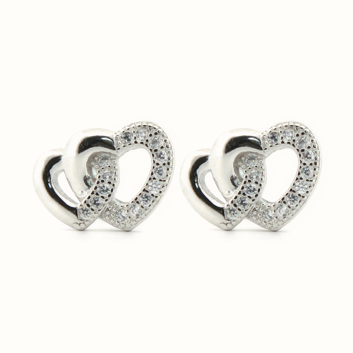 Sterling Silver Rhodium Plated CZ Set Heart Stud Earrings – AES183