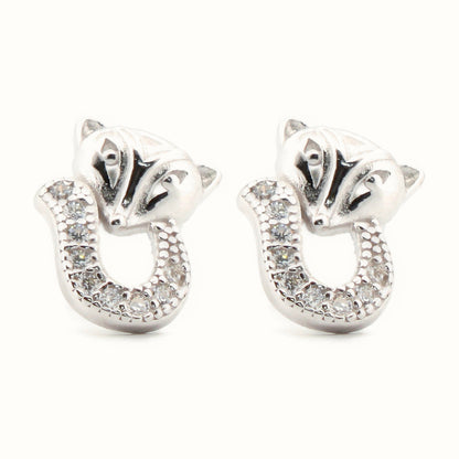 Sterling Silver Rhodium Plated CZ Set Cat Stud Earrings – AES185