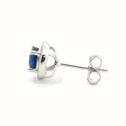 Sterling Silver Rhodium Halo Stud Earrings Sapphire Centre CZ – AES219B