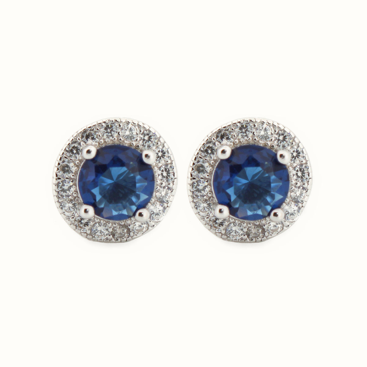 Sterling Silver Rhodium Halo Stud Earrings Sapphire Centre CZ – AES219B