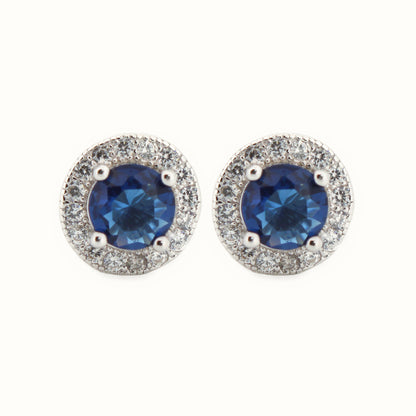 Sterling Silver Rhodium Halo Stud Earrings Sapphire Centre CZ – AES219B