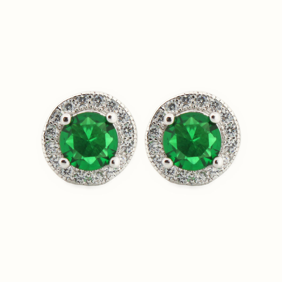 Sterling Silver Rhodium Halo Stud Earrings Emerald Centre CZ – AES219G