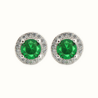 Sterling Silver Rhodium Halo Stud Earrings Emerald Centre CZ – AES219G