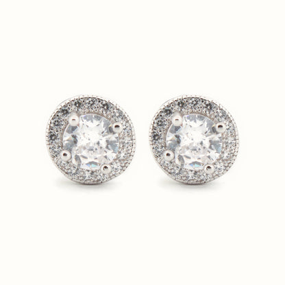 Sterling Silver Rhodium Halo CZ Stud Earrings White – AES219W