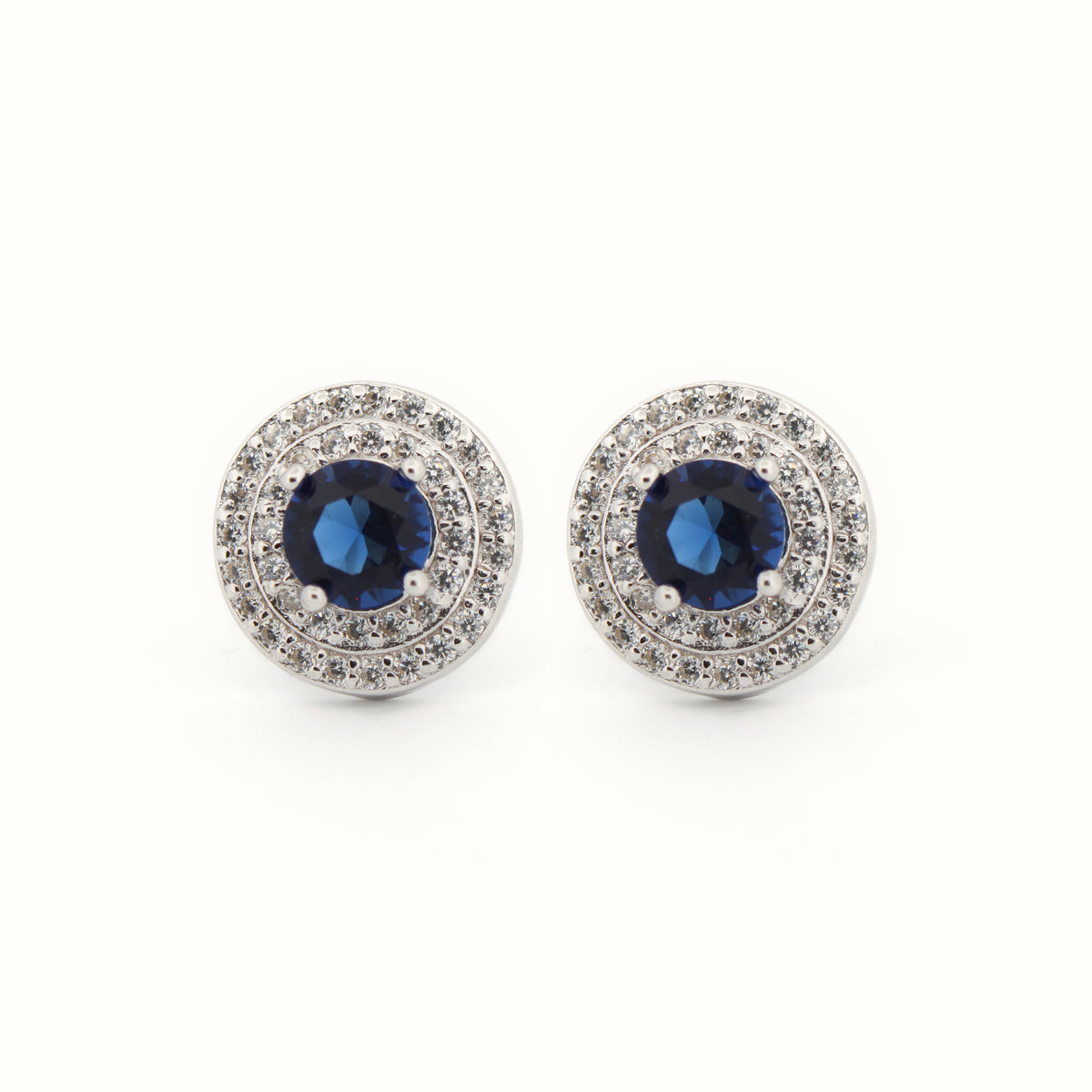 Sterling Silver Rhodium Halo Stud Earrings Sapphire Centre CZ – AES220B