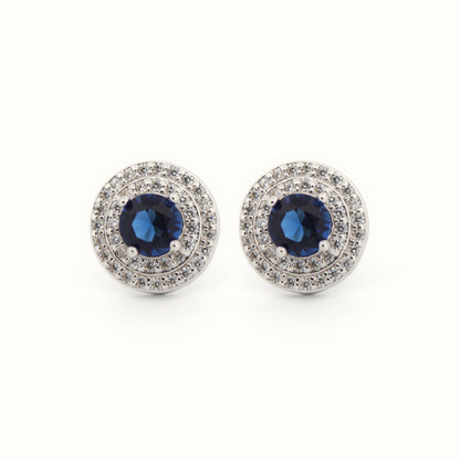 Sterling Silver Rhodium Halo Stud Earrings Sapphire Centre CZ – AES220B