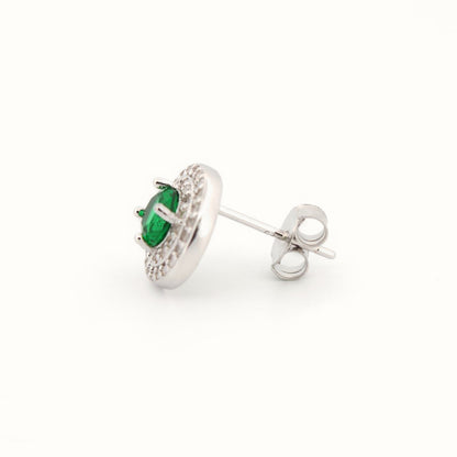 Sterling Silver Rhodium Halo Stud Earrings Emerald Centre CZ – AES220G
