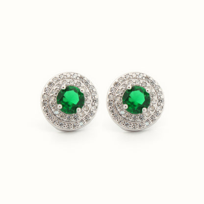 Sterling Silver Rhodium Halo Stud Earrings Emerald Centre CZ – AES220G