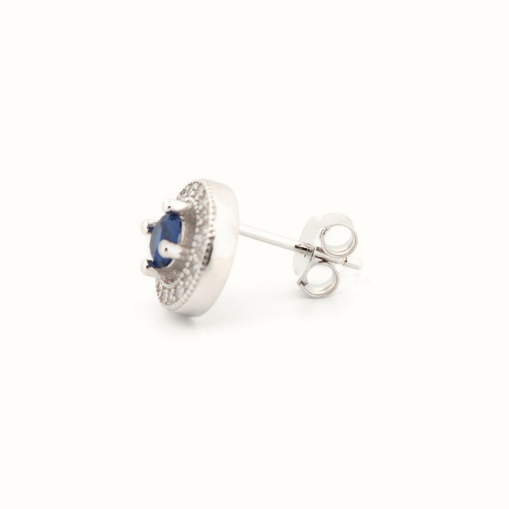 Sterling Silver Rhodium Halo Stud Earrings Sapphire Centre CZ – AES221B