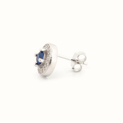 Sterling Silver Rhodium Halo Stud Earrings Sapphire Centre CZ – AES221B