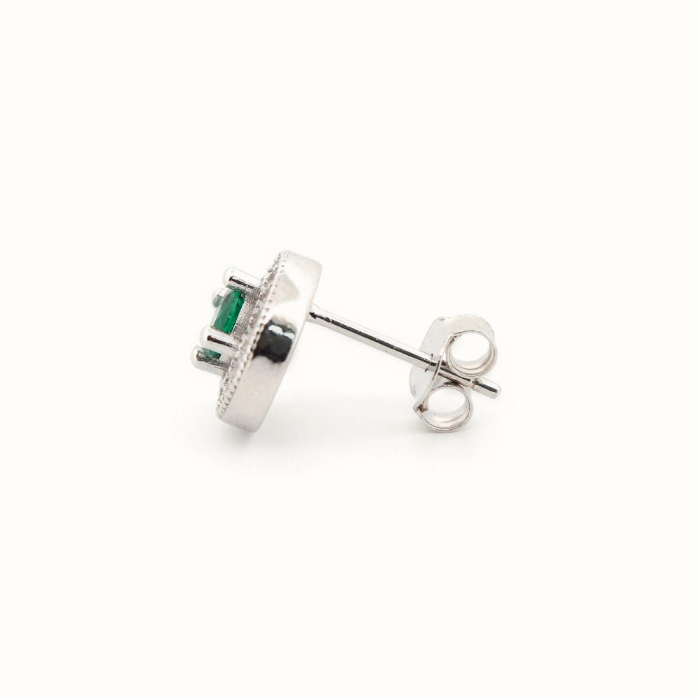 Sterling Silver Rhodium Halo Stud Earrings Emerald Centre CZ – AES221G