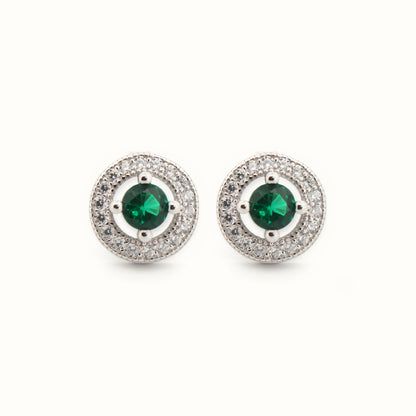 Sterling Silver Rhodium Halo Stud Earrings Emerald Centre CZ – AES221G