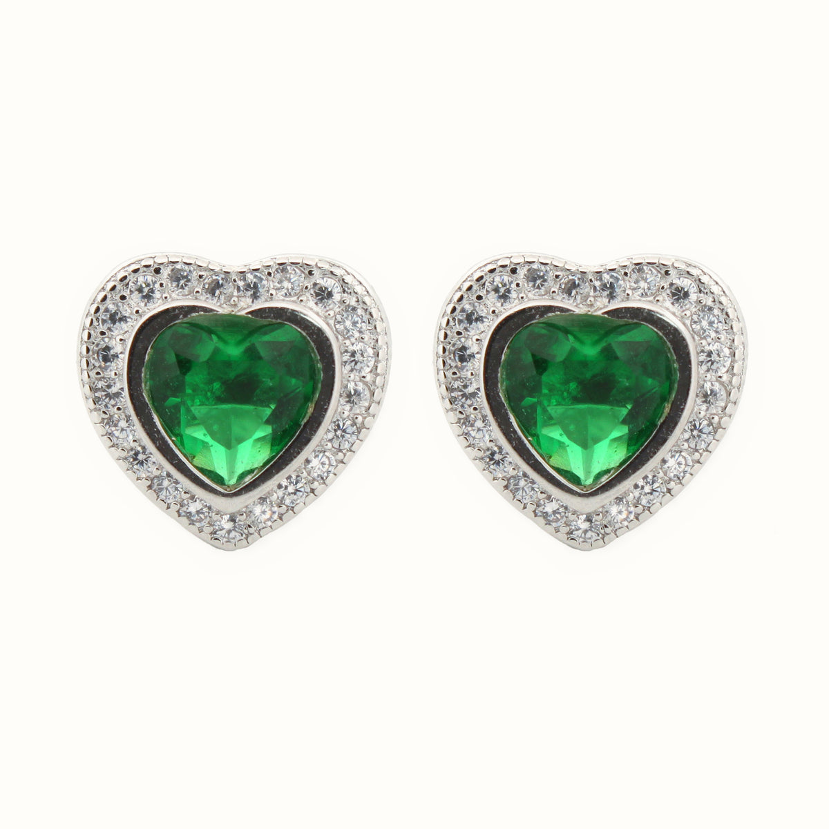 Sterling Silver Rhodium Heart Shape Stud Earrings Emerald Centre CZ – AES222G