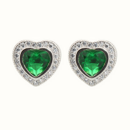 Sterling Silver Rhodium Heart Shape Stud Earrings Emerald Centre CZ – AES222G